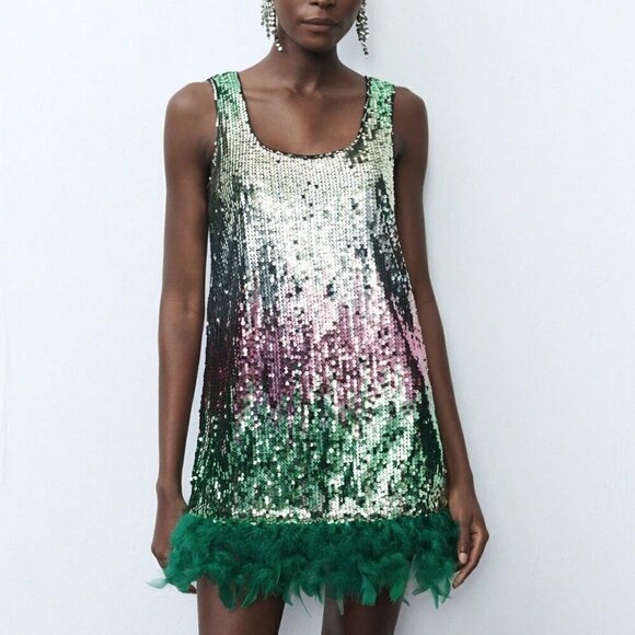 Green Party Women's Sleeveless Gradient Sequin Embellished Feather Mini Dress - Picture 5 of 8